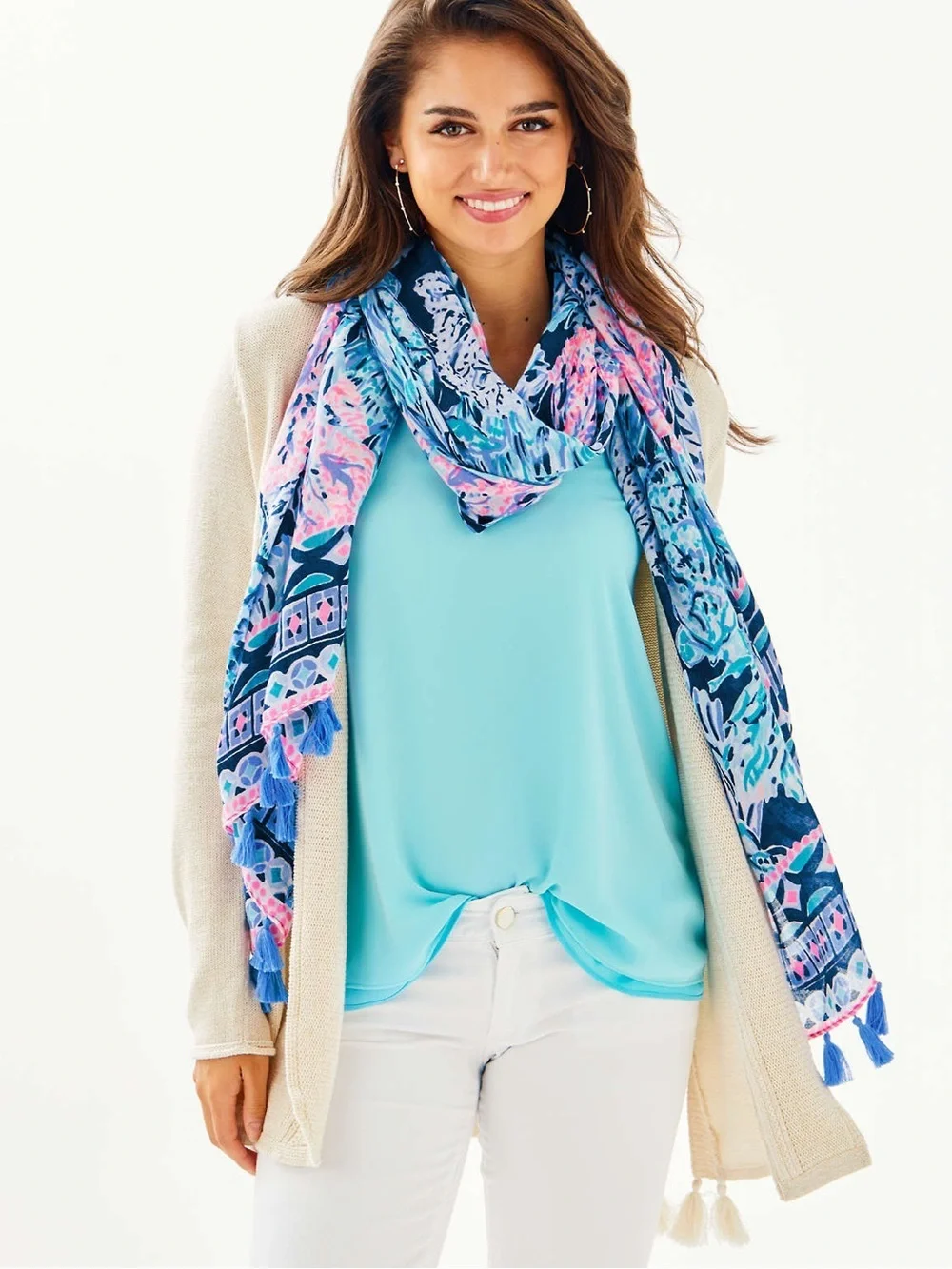 LILLY PULITZER Resort Tassel Scarf In Multi Island Escape Engineered